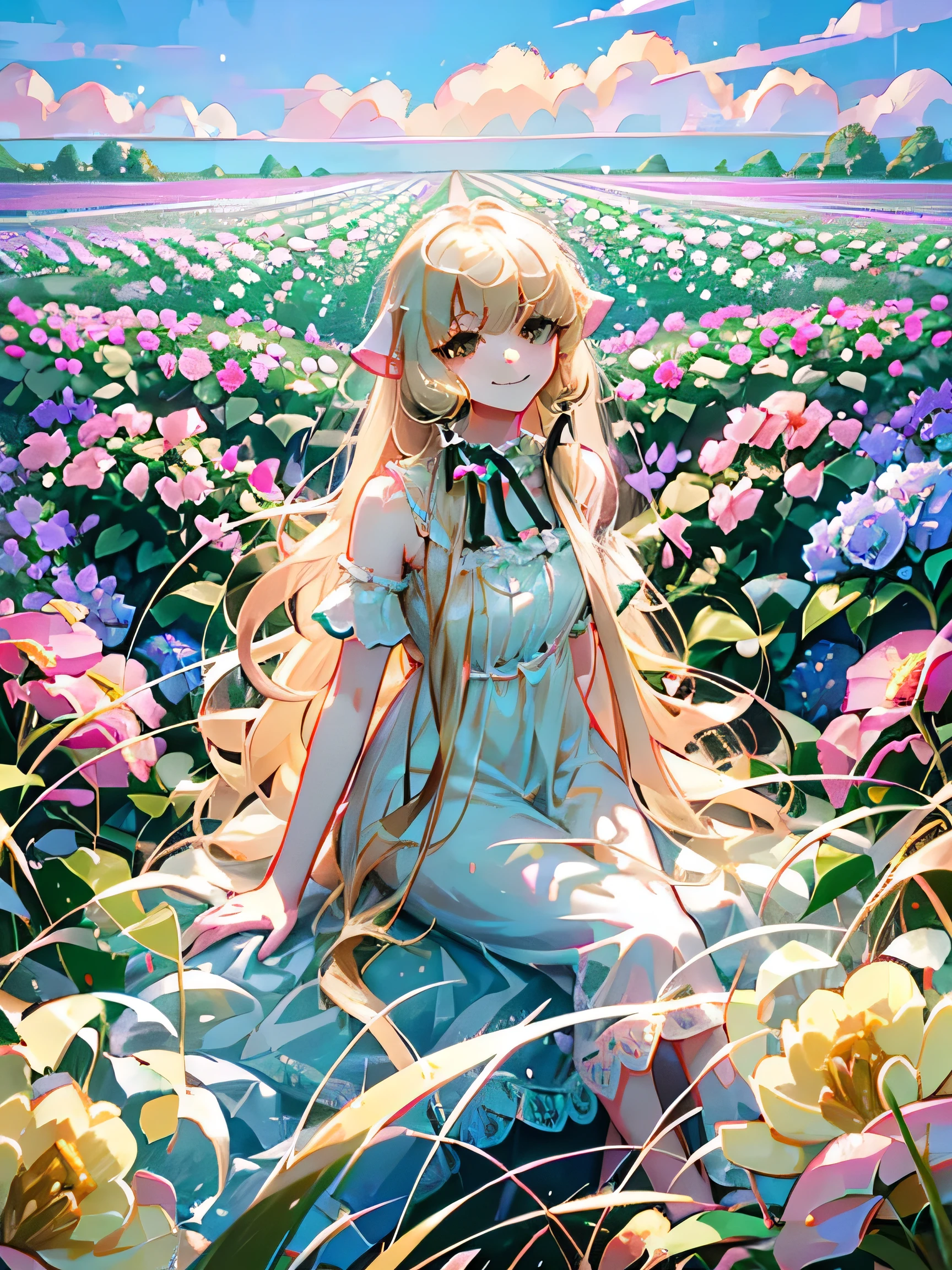 absurdres, uhd, best quality, CG, HDR, 1girl, cowboy shot, chii, robot ears, ((blonde hair)), straight hair, hair tubes, extremely long hair, brown eyes, empty eyes, ((mini dress)), mksks style, smile, looking at viewer, sitting in a field of flowers, looking over shoulder, garden, daytime,