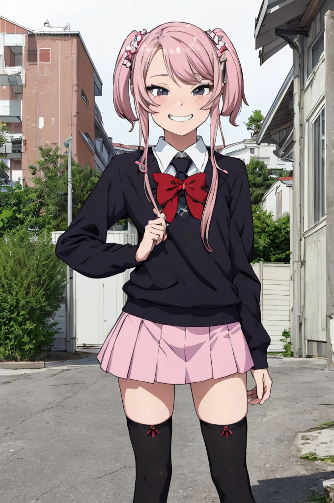 best quality, masterpiece, detailed,2d,flat color, 1girl,,petit,grin,outdoor,miniskirt,thighhighs,(gyaru)