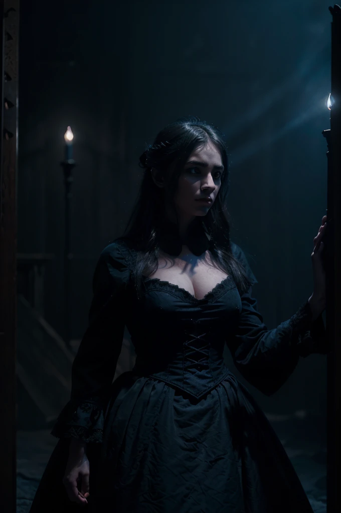 1girl,mystical shadow theater,dark opera stage,masterpiece,soft light,twilight,ghostly fog,deep blue hues,(best quality,4k,8k,highres,masterpiece:1.2),ultra-detailed,(realistic,photorealistic,photo-realistic:1.37),dramatic lighting,moody atmosphere,intricate costume design,dramatic pose,ethereal