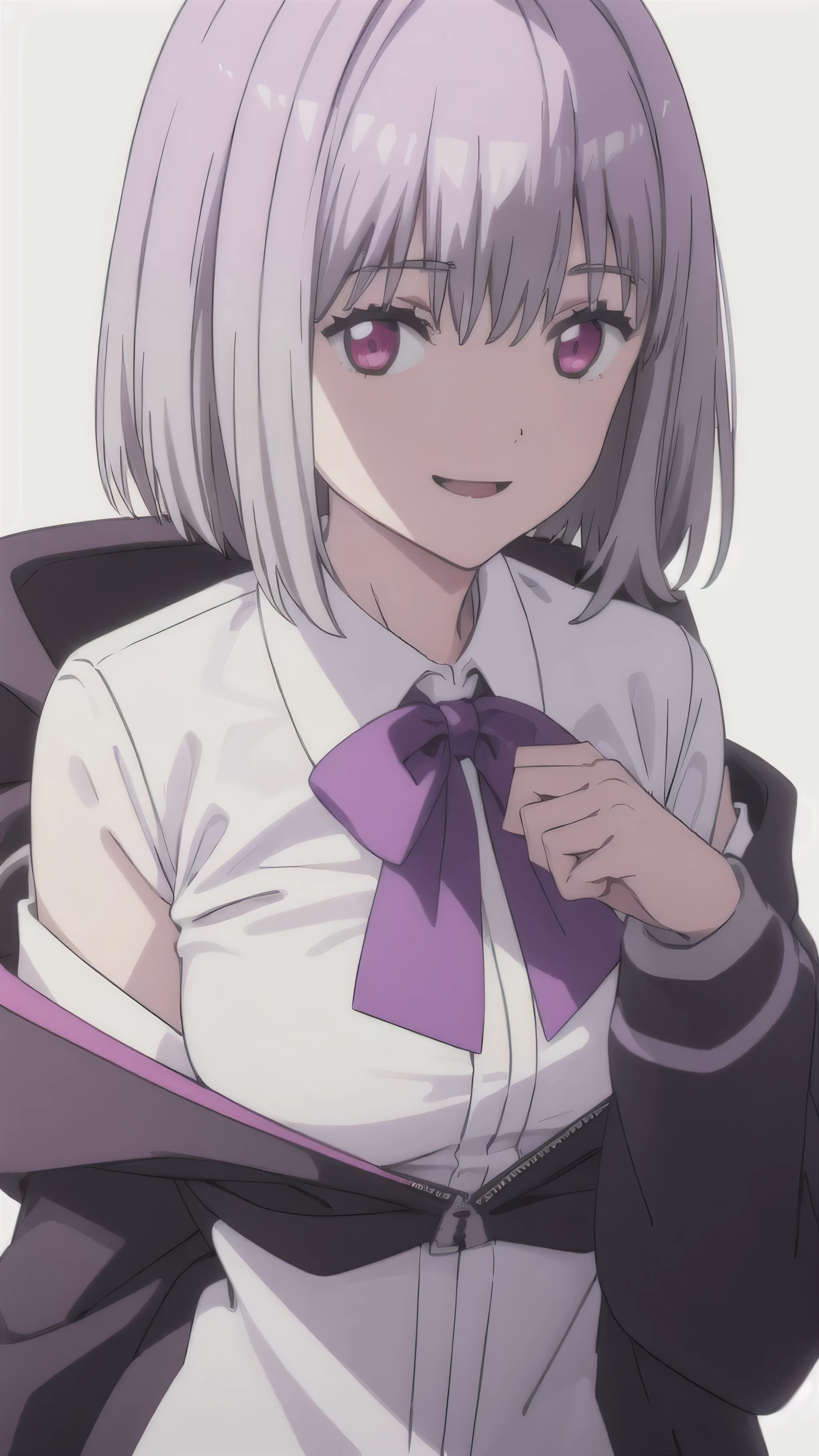 alone, One girl, View your viewers, 2D, anime, anime coloring, Upper Body, (White background:1.3), Akane Shinjo, White shirt, bow tie, Off the shoulder, Jacket,,too evil smile,smile worst,looking down at viewer,laugh worst,too evil laugh,deep shaded face,laugh face,big monster ,dark purple background,