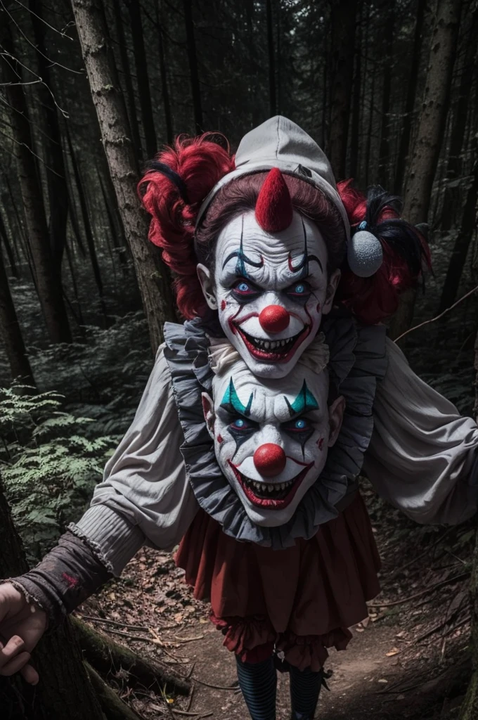 4 clown with demonic faces in a dark forest 