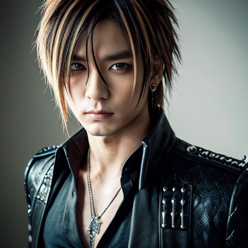 1 japanese male rocker, asien eyes, Visual Kai hairstyle, ultra detailed face and body, hyperrealistic, realistic representation, muscular, broad shoulders, tattoos gothic style, piercings, Visual Kei style, hairstyle Visual Kei, blond, 40 years old, age 40 outfit gothic streampunk, men's shirt and black pants, Asian eyes, eyes Asian, long hair, long hair