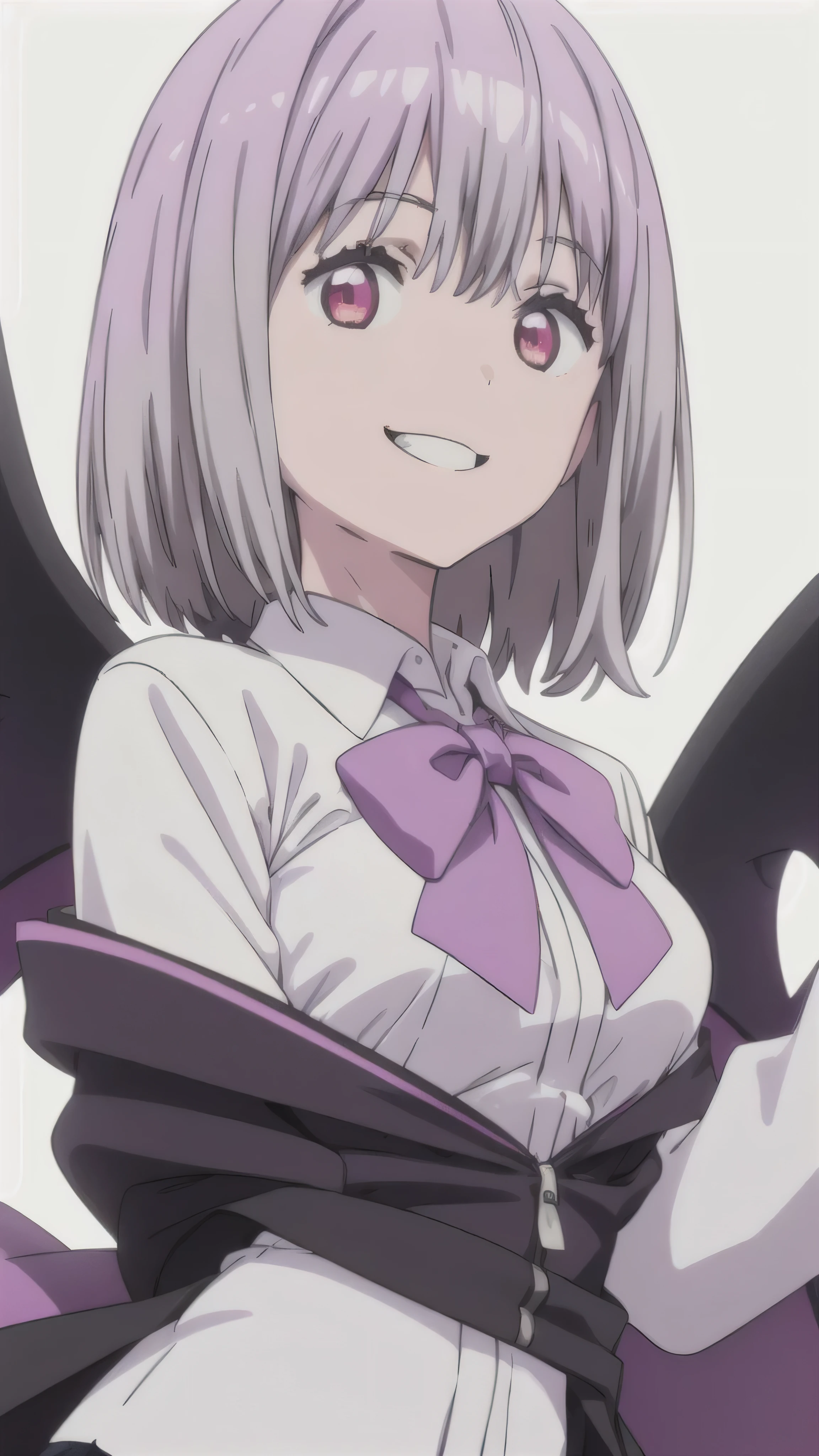 alone, One girl, View your viewers, 2D, anime, anime coloring, Upper Body, (White background:1.3), Akane Shinjo, White shirt, bow tie, Off the shoulder, Jacket,,too evil smile,smile worst,looking down at viewer,laugh worst,too evil laugh,deep shaded face,laugh face,big monster ,dark purple background,