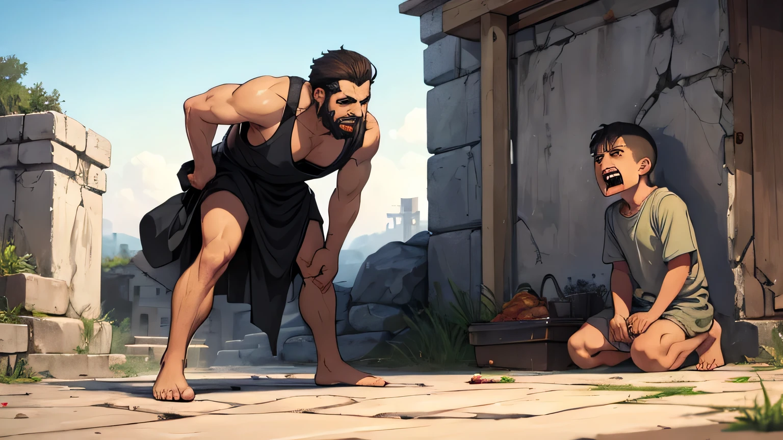 evil man from israel, standing angrily shouting at poor boy begging on the ground in 4th century BC