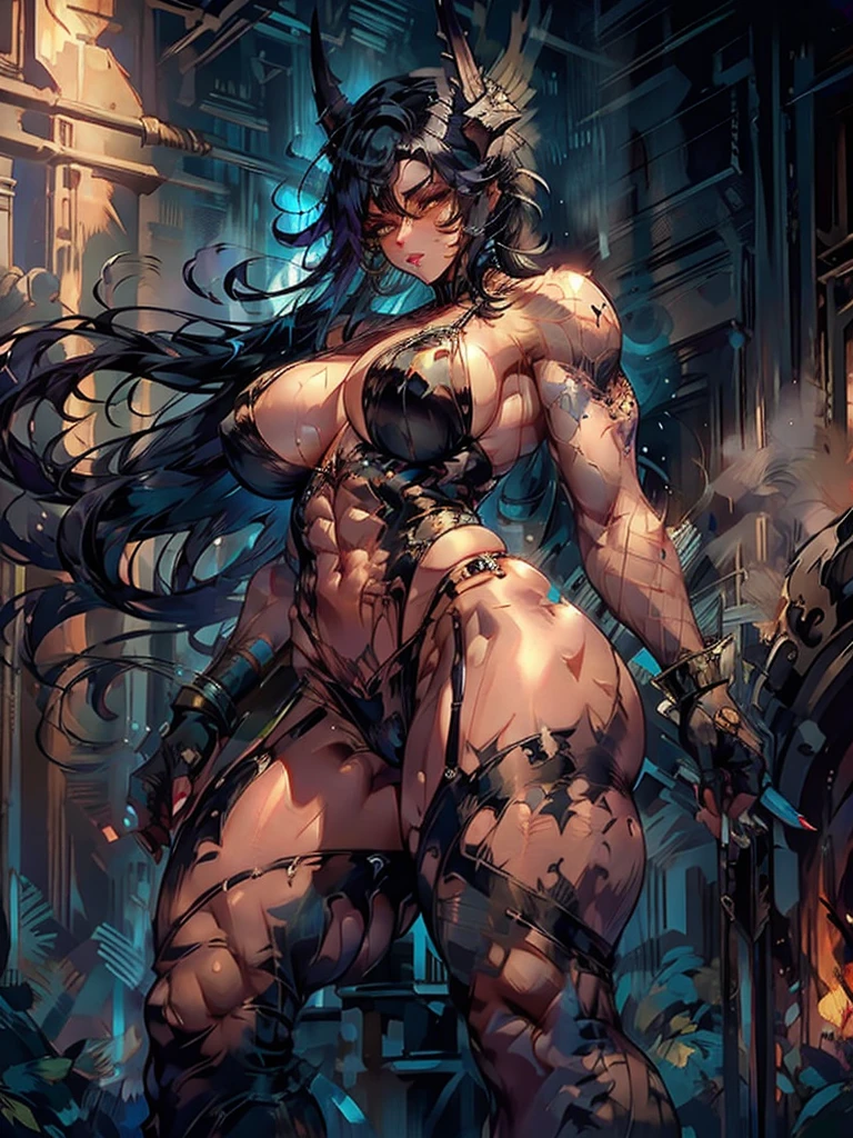 muscular girl, hair, Gothic, no , with colorful tattoos, usando pants de couro black, big-ass, large legs