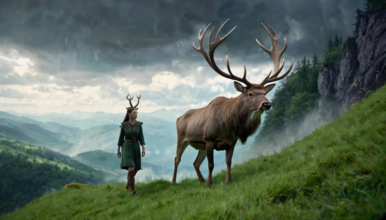 Servant, with large antlers, walking on a mountain, the ground covered with green grass, beautiful forests in the background, ethereal atmosphere, cinematic lighting, photorealistic, (best quality, 8k, high resolution, masterpiece: 1.2), ultra detailed, realistic , photorealistic: 1.37, dramatic lighting, moody, fantasy, concept art