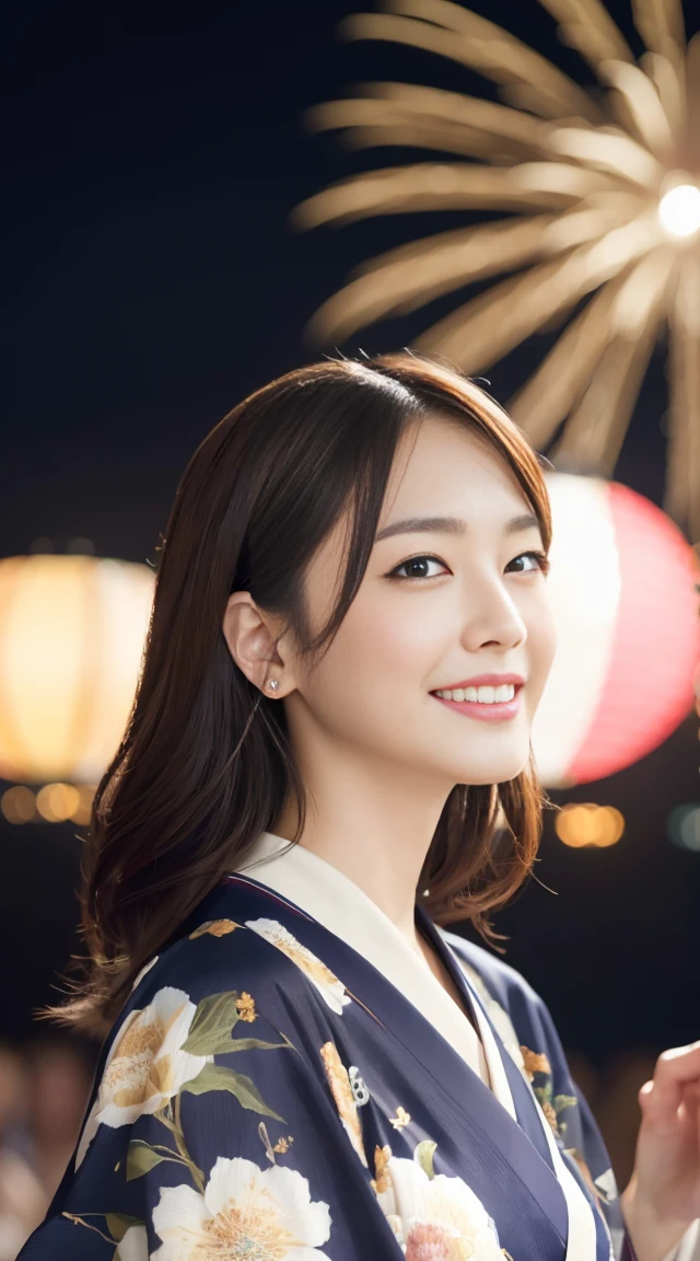 (Surreal), (High resolution), (8K), (Very detailed),  (Beautiful and fine details), (Highest quality), (Ultra-detailed), (masterpiece), (Detailed face), Soft Focus、huge 、Japanese、Japanese Summer Festivals、night、Fireworks Background、Fireworks display、Wear a yukata、Laughter