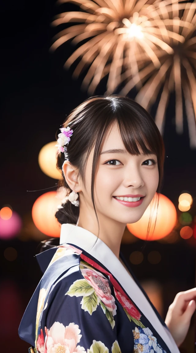 (Surreal), (High resolution), (8K), (Very detailed),  (Beautiful and fine details), (Highest quality), (Ultra-detailed), (masterpiece), (Detailed face), Soft Focus、huge 、Japanese、Japanese Summer Festivals、night、Fireworks Background、Fireworks display、Wear a yukata、Laughter