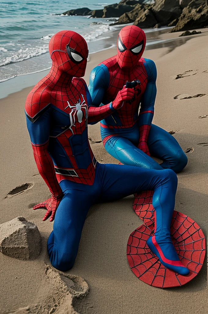 Sportacus watching as masked Spider-Man sings with a mermaid on the seashore