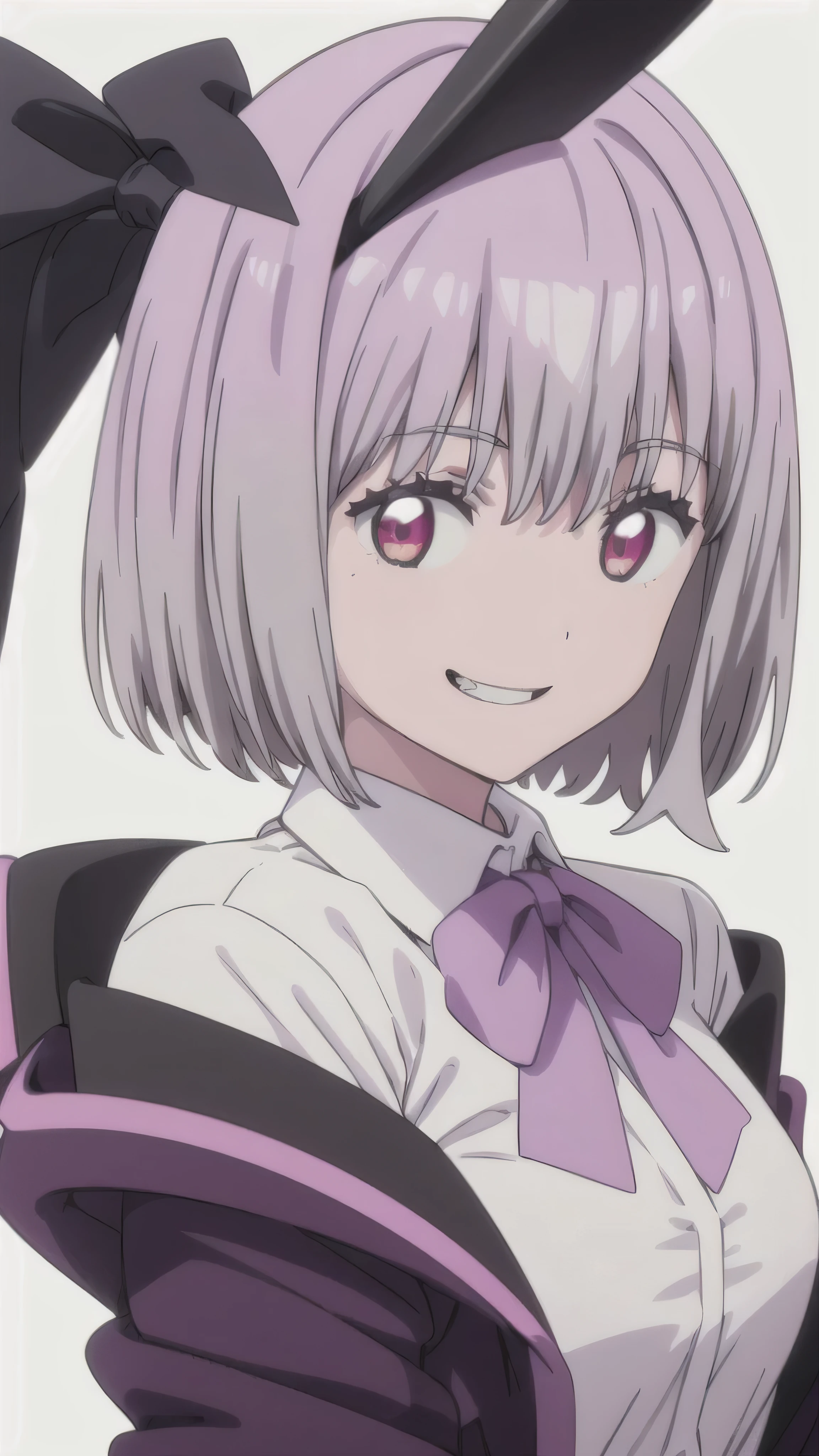 alone, One girl, View your viewers, 2D, anime, anime coloring, Upper Body, (White background:1.3), Akane Shinjo, White shirt, bow tie, Off the shoulder, Jacket,,too evil smile,smile worst,looking down at viewer,laugh worst,too evil laugh,deep shaded face,laugh face,big monster ,dark purple background,