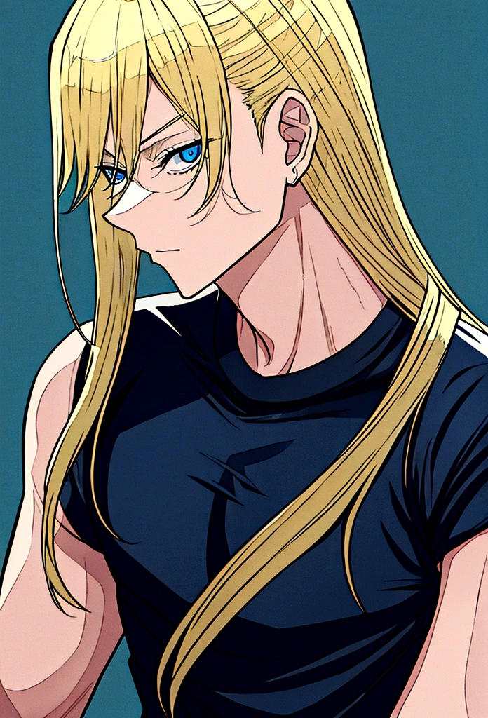 boy, adolescent, hair blonde, blue eye color, usando camiseta branca, short preto, and dark blue blouse based on jujutsu kaisen.