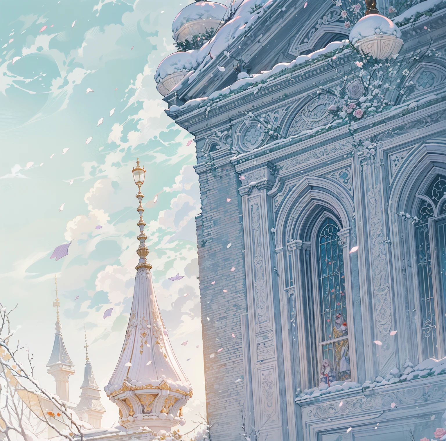 ((best quality，masterpiece，Extremely complex and exquisite details))，(white hair，Beautiful bright and exquisite ancient style white castle architectural background)，(Exquisite fantasy dream style，Snow，Falling Flowers，Rose，The great outdoors)