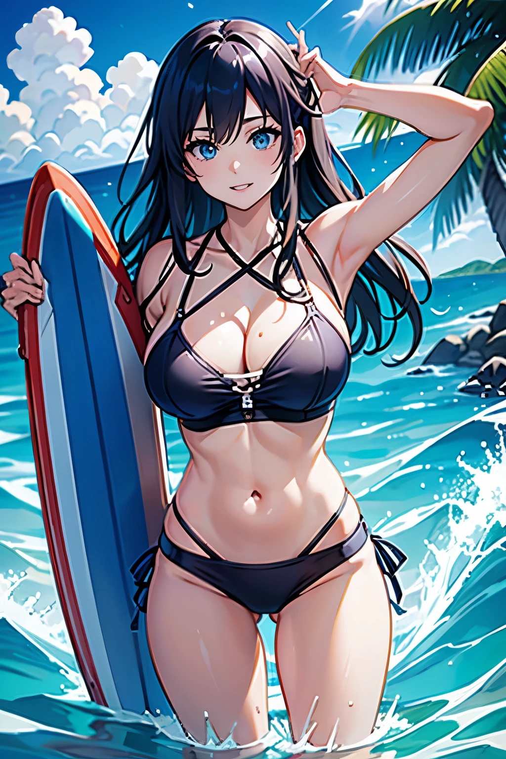 a woman riding a surfboard on top of a wave, a fine art painting by Makuzu Kōzan, featured on pixiv, visual art, official art, detailed painting, chillwave