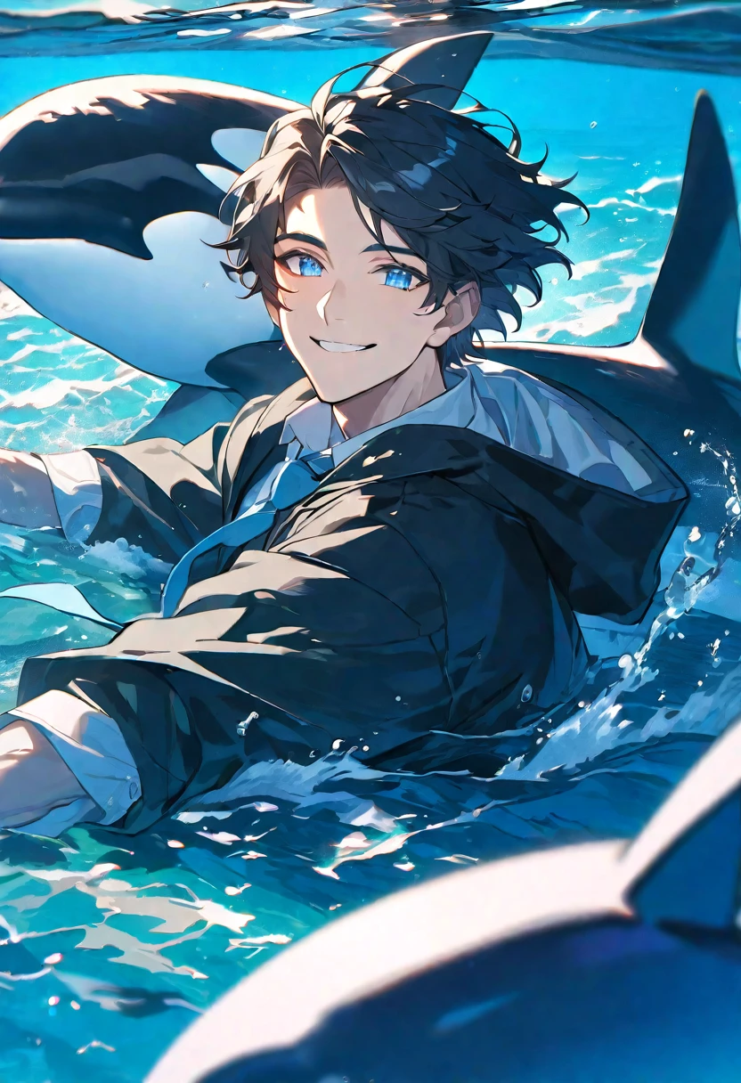 solo, handsome, 1 male, short hair, black hair with white color hair, pale blue eyes, white shirt, light blue tie, black hooded, smile facial, sea, orca