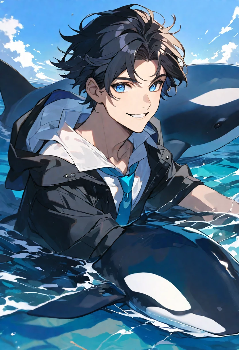 solo, handsome, 1 male, short hair, black hair with white color hair, pale blue eyes, white shirt, light blue tie, black hooded, smile facial, sea, orca