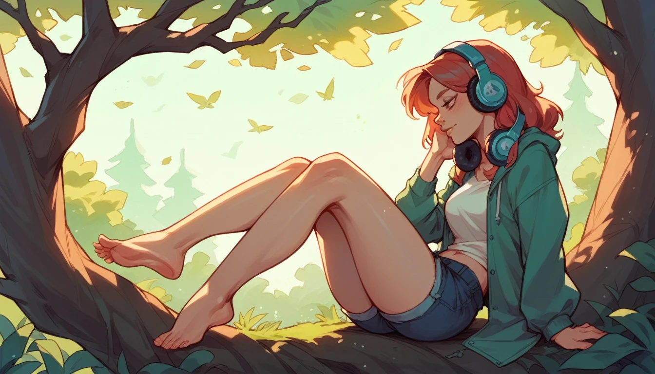 (a girl with headphones, sitting at the foot of a tree, under the moonlight ) by Jasmine Becket-Griffith