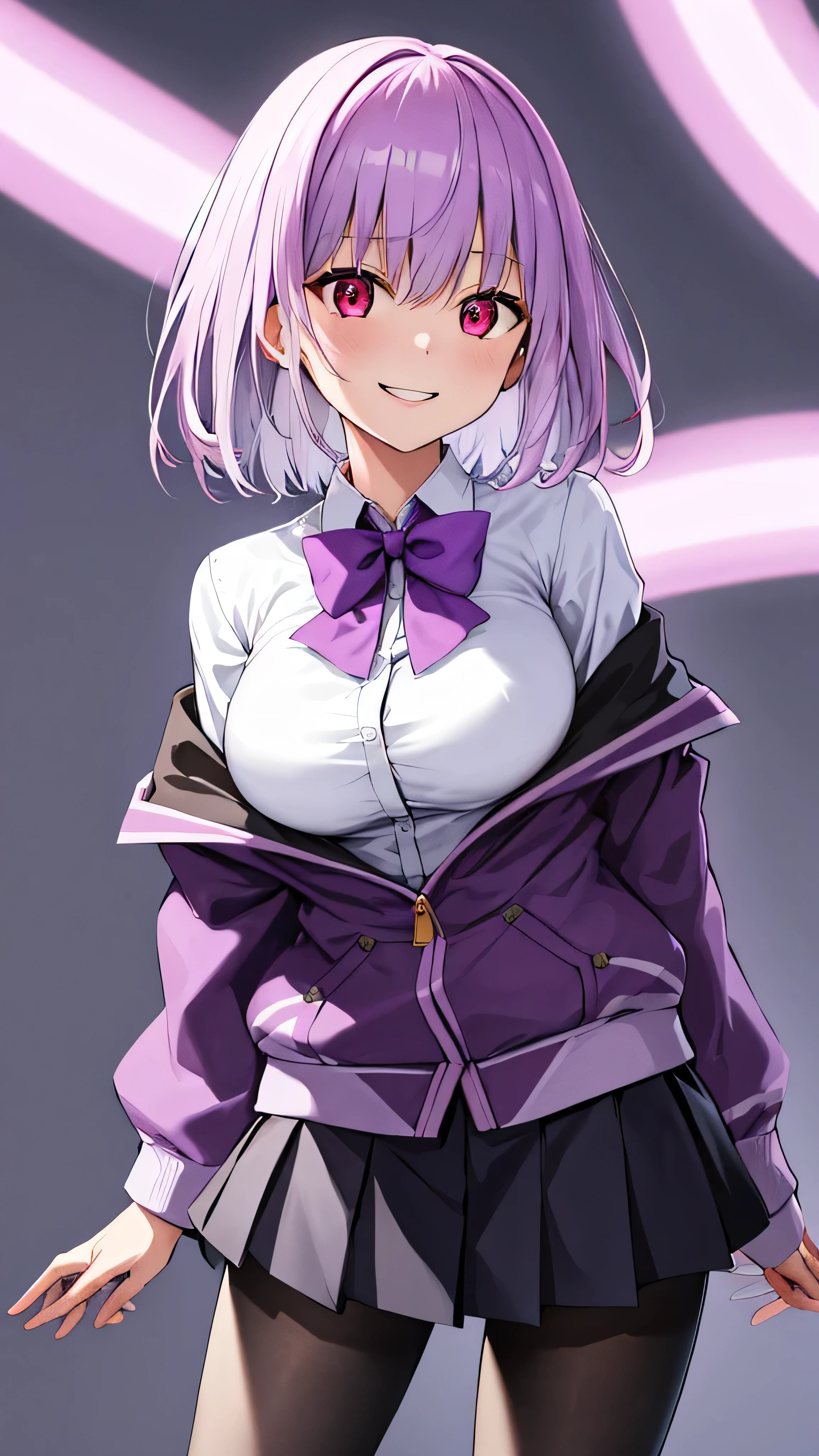masterpiece, highest quality, High resolution, shinjou akane, One girl, alone, pantyhose, shirt, bow, skirt, purple Jacket, Jacket, white shirt, Long sleeve, short hair, black skirt, collared shirt, black pantyhose, Open clothes, bowtie, purple bow, chest, bangs, Red eyes, pleated skirt, Off the shoulder, open Jacket, Sleeves are longer than the wrist, Light purple hair, purple bowtie, miniskirt, Cowboy Shot,too evil smile,smile worst,looking down at viewer,laugh worst,evil laugh,deep shaded face,laugh face,big monster ,dark purple background,