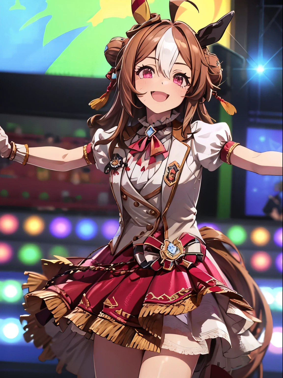 copano rickey \(umamusume\), 1 girl, Solo, Cute Girl,Best Quality, Ultra-detailed, 8K, High resolution, detailed face, dynamic angle, dynamic pose, gentle smile, singing on the stage, New Stars Rose,