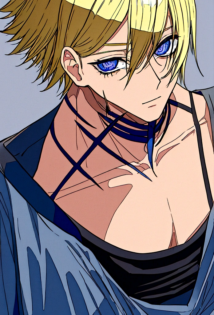 boy, adolescent, hair blonde, blue eye color, short, messy hair, usando camiseta branca, short preto, and dark blue blouse based on jujutsu kaisen.