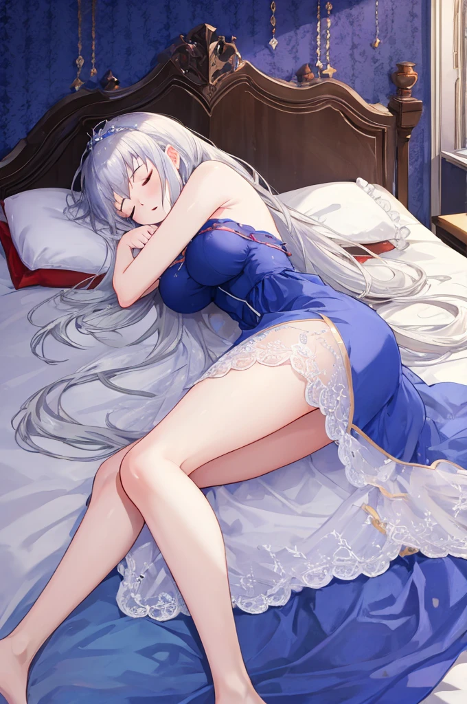 Fairy Tale Style，sleeping Beauty，A woman with big ，Silver long hair，transparent，(Super short)Nightdress，weak，bedroom，(nsfw:0.8)，Lying down，