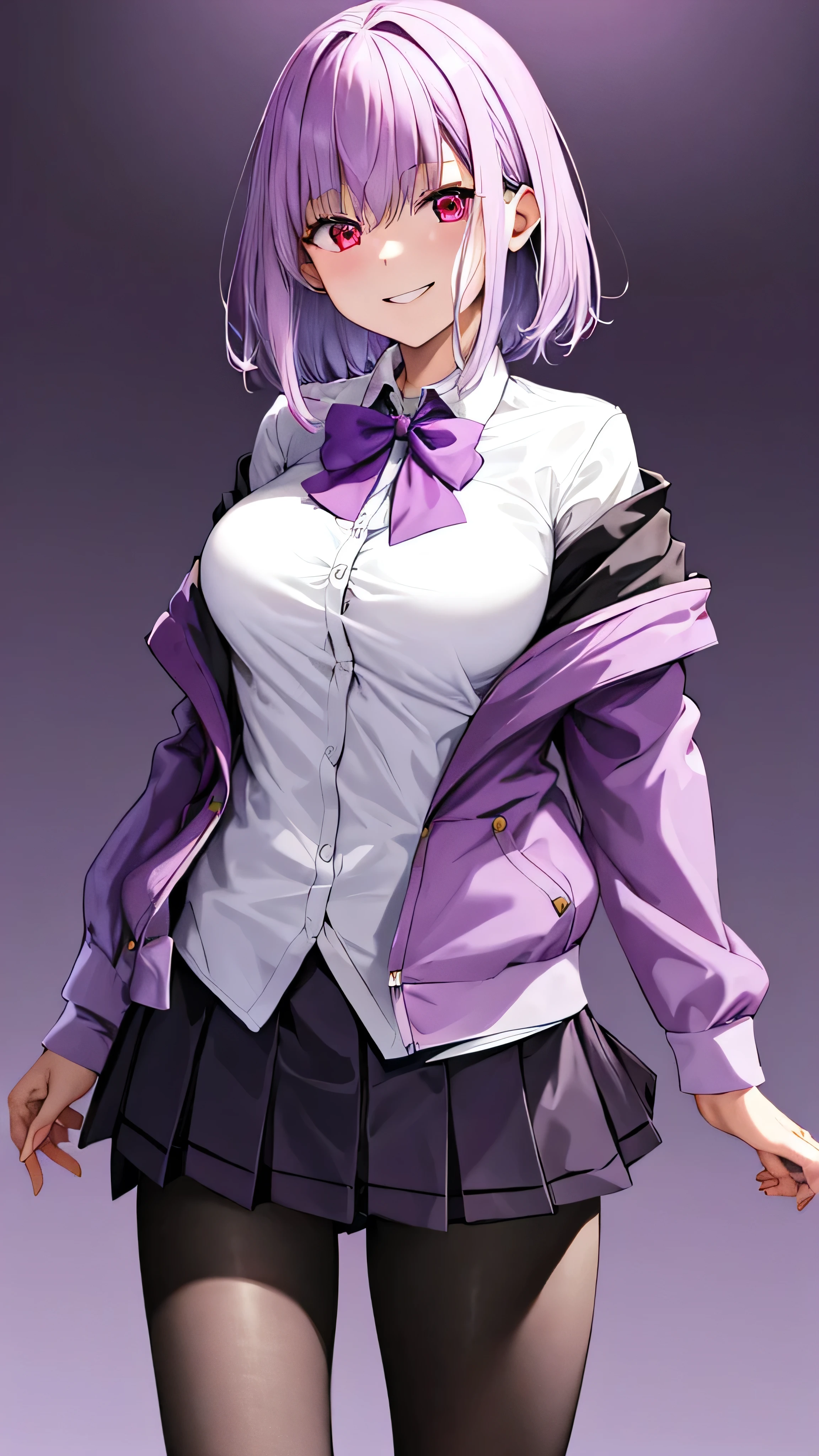 masterpiece, highest quality, High resolution, shinjou akane, One girl, alone, pantyhose, shirt, bow, skirt, purple Jacket, Jacket, white shirt, Long sleeve, short hair, black skirt, collared shirt, black pantyhose, Open clothes, bowtie, purple bow, chest, bangs, Red eyes, pleated skirt, Off the shoulder, open Jacket, Sleeves are longer than the wrist, Light purple hair, purple bowtie, miniskirt, Cowboy Shot,too evil smile,smile worst,looking down at viewer,laugh worst,evil laugh,deep shaded face,laugh face,big monster ,dark purple background,