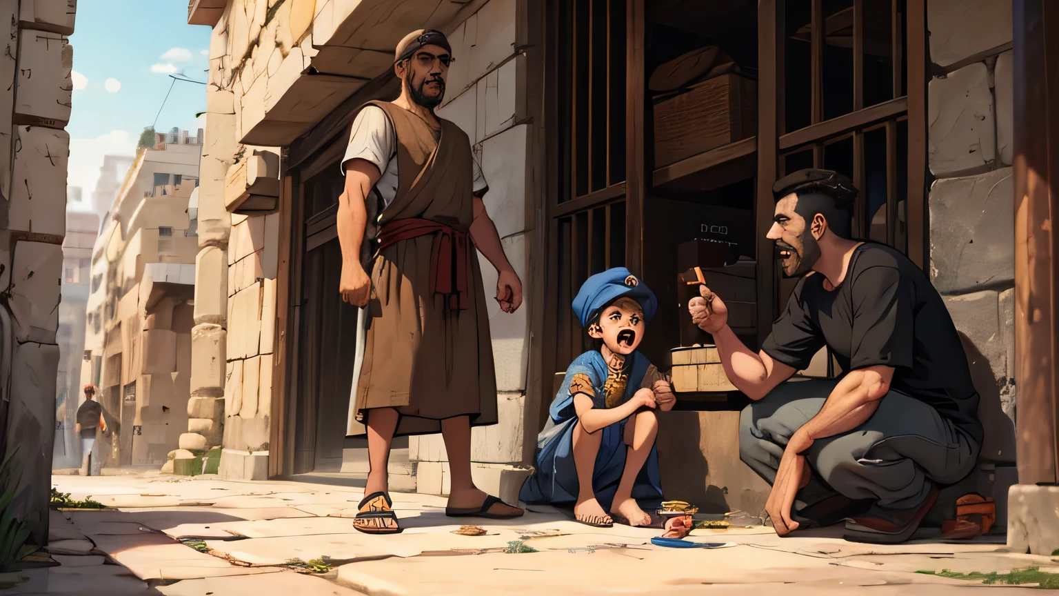 evil man from israel, standing angrily shouting at poor boy begging on the ground in 4th century BC