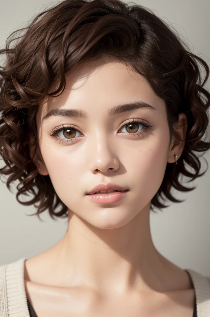 Short curly hair thin face brown eyes think about the face
