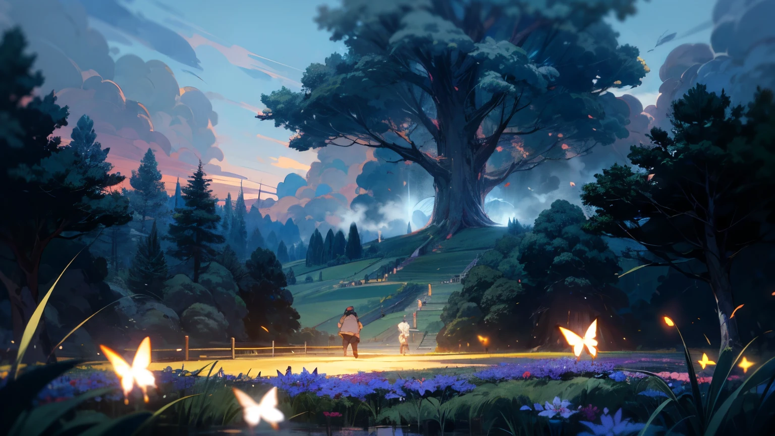 ((best quality)), ((masterpiece)), (detailed), studio ghibli style, pastel colors, bloomy, forest, wide shot, depth of field, fireflies, butterflies, lake, lush greenery, flower field, billowy puffy clouds, dramatic, cinematic, small emissive sprite like character running, dramatic lighting, godrays, foggy background, warm and cool color contrast, straight on view, big imposing tree, animal, otter