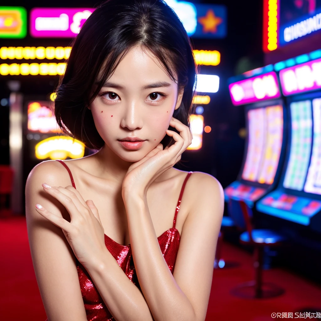 beautiful face, best quality, shiny skin, casino girl, dress, night life, detailed hands