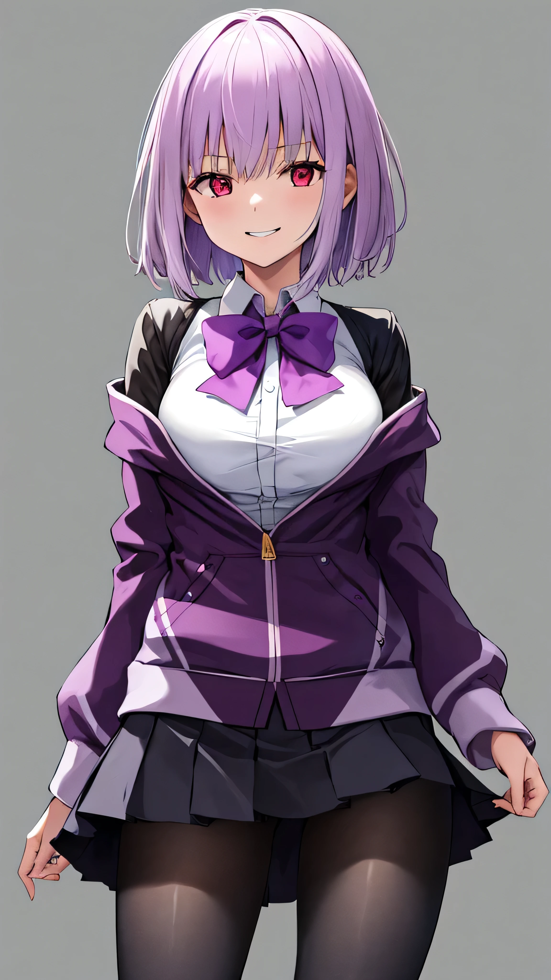 masterpiece, highest quality, High resolution, shinjou akane, One girl, alone, pantyhose, shirt, bow, skirt, purple Jacket, Jacket, white shirt, Long sleeve, short hair, black skirt, collared shirt, black pantyhose, Open clothes, bowtie, purple bow, chest, bangs, Red eyes, pleated skirt, Off the shoulder, open Jacket, Sleeves are longer than the wrist, Light purple hair, purple bowtie, miniskirt,  Cowboy Shot,too evil smile,smile worst,looking down at viewer,laugh worst,evil laugh,deep shaded face,laugh face,big monster ,dark purple background,