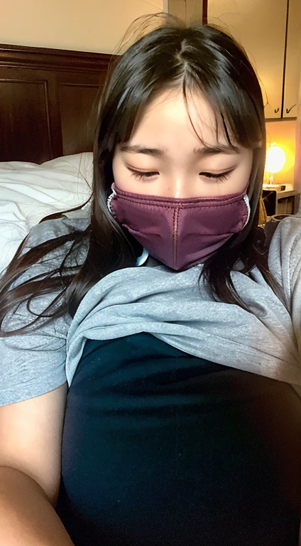 Girl  with a vibrator,vibratorを咥える、スリムなjunior high school student with too big, 15 years old, sleeping on bed, plump, closing eyes, falling down, yawning, excitement, mask,