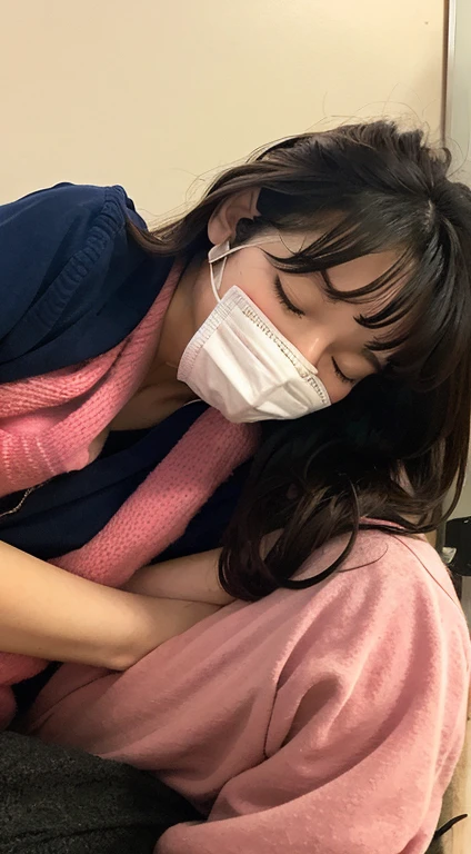 Girl with a vibrator,vibratorを咥える、スリムなjunior high school student with too big, 15 years old, sleeping on bed, plump, closing eyes, falling down, yawning, excitement, mask,