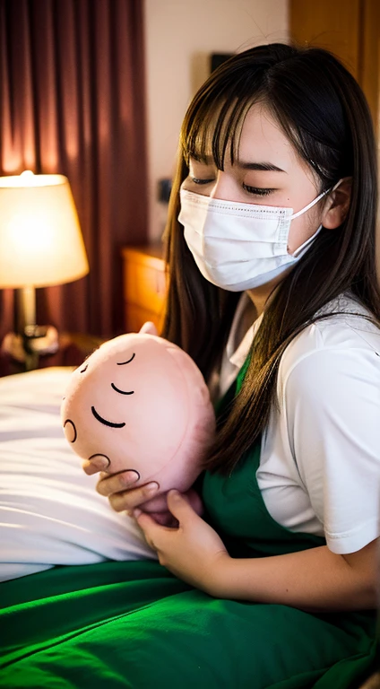 Girl  with a vibrator,vibratorを咥える、スリムなjunior high school student with too big, 15 years old, sleeping on bed, plump, closing eyes, falling down, yawning, excitement, mask,