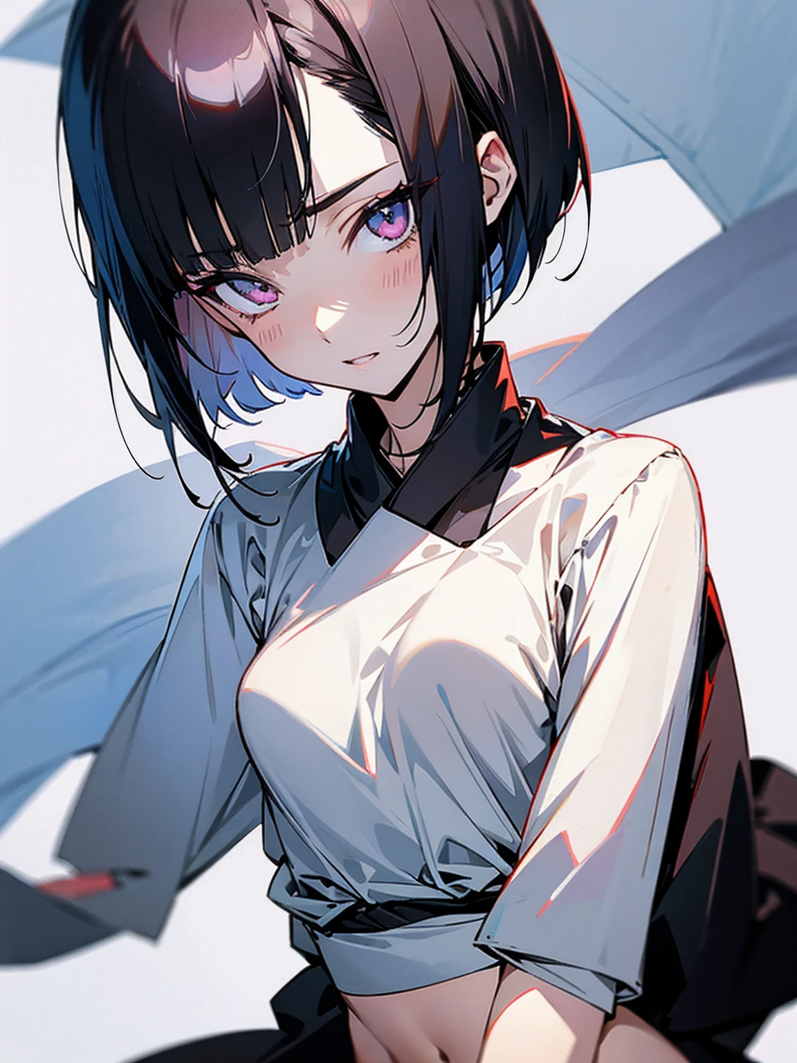 pale, black haired, japanese girl. She has a bob hairstyle. Slender and lean body, small breasts and hips, her expression is cold, she has sharp eyes, wears a white blouse. Her face is close. Hair is loose. She slightly looks down on you.