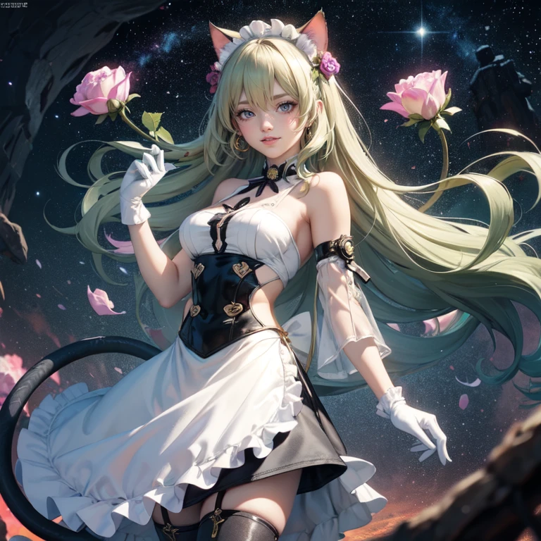 1girl, white maid dress, jewelry, green hair, flowing hair, long hair, maid dress with a short skirt and layers, white laces, white boots, white dress with transparency, gold details on her clothes, cat ears, animal ears, more details, perfectly body, perfectly hands, two hands, two legs, two arms, five fingers, glowing hair, best quality, cat ears, animal ears, tail ornament, tail bow, white gloves, two cat tail, white gloves, alone, maid headdress, choker, detached sleeves, maid dress, maid white dress, strapless, masterpeice, best quality, detailed face, night, mobius (honkai impact), honkai (series), honkai impact 3rd, asymmetrical gloves, bangs, white short skirt , white gloves, white boots, earrings, elbow gloves, fishnet thighhighs, fishmasterpeice, solo, best quality, detailed face, gloves, green eyes, green hair, hair between eyes, jewelry, long hair, looking at viewer, single earring, sky, sleeveless, solo, thigh boots, thighhighs, tongue, tongue out, uneven gloves, cat ears, animal ears, cat tail, , solo, alone, Looking at the viewer, More details on the clothes, magenta roses on her hair, space scenery, maid, maid dress, magenta details, magenta roses, maid headdress, maid apron, purple hair, long hair, seat on the Saturn rings, bats details on her clothes, more details on her clothes, gold details on her clothes, space, smiling, standing her hand to a viewer, looking at the viewer, in the background a several asteroids glowing with fiery auras, Dramatic lighting from distant stars and planets illuminates the scene, looking at the vast and mysterious universe, cowboy shot, upper body portrait, more details, sparkle,