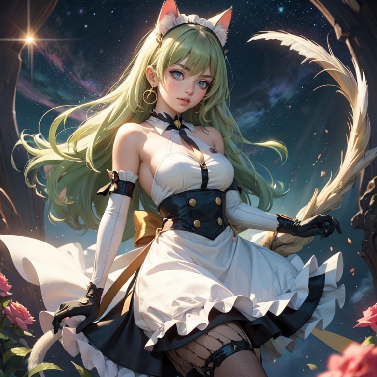 1girl, white maid dress, jewelry, green hair, flowing hair, long hair, maid dress with a short skirt and layers, white laces, white boots, white dress with transparency, gold details on her clothes, cat ears, animal ears,  more details, perfectly body, perfectly hands, two hands, two legs, two arms, five fingers, glowing hair, best quality, cat ears, animal ears, tail ornament, tail bow, white gloves, two cat tail, white gloves, alone, maid headdress, choker, detached sleeves, maid dress, maid white dress, strapless, masterpeice, best quality, detailed face, night, mobius (honkai impact), honkai (series), honkai impact 3rd, asymmetrical gloves, bangs, white short skirt , white gloves, white boots, earrings, elbow gloves, fishnet thighhighs, fishmasterpeice, solo, best quality, detailed face, gloves, green eyes, green hair, hair between eyes, jewelry, long hair, looking at viewer, single earring, sky, sleeveless, solo, thigh boots, thighhighs, tongue, tongue out, uneven gloves, cat ears, animal ears, cat tail, , solo, alone, Looking at the viewer, More details on the clothes, magenta roses on her hair, space scenery, maid, maid dress, magenta details, magenta roses, maid headdress, maid apron, purple hair, long hair, seat on the Saturn rings, bats details on her clothes, more details on her clothes, gold details on her clothes, space, smiling, standing her hand to a viewer, looking at the viewer, in the background a several asteroids glowing with fiery auras, Dramatic lighting from distant stars and planets illuminates the scene, looking at the vast and mysterious universe, cowboy shot, upper body portrait, more details, sparkle,