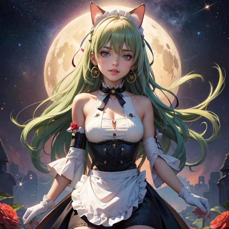 1girl, white maid dress, jewelry, green hair, flowing hair, long hair, maid dress with a short skirt and layers, white laces, white boots, white dress with transparency, gold details on her clothes, cat ears, animal ears, more details, perfectly body, perfectly hands, two hands, two legs, two arms, five fingers, glowing hair, best quality, cat ears, animal ears, tail ornament, tail bow, white gloves, two cat tail, white gloves, alone, maid headdress, choker, detached sleeves, maid dress, maid white dress, strapless, masterpeice, best quality, detailed face, night, mobius (honkai impact), honkai (series), honkai impact 3rd, asymmetrical gloves, bangs, white short skirt , white gloves, white boots, earrings, elbow gloves, fishnet thighhighs, fishmasterpeice, solo, best quality, detailed face, gloves, green eyes, green hair, hair between eyes, jewelry, long hair, looking at viewer, single earring, sky, sleeveless, solo, thigh boots, thighhighs, tongue, tongue out, uneven gloves, cat ears, animal ears, cat tail, , solo, alone, Looking at the viewer, More details on the clothes, magenta roses on her hair, space scenery, maid, maid dress, magenta details, magenta roses, maid headdress, maid apron, purple hair, long hair, seat on the Saturn rings, bats details on her clothes, more details on her clothes, gold details on her clothes, space, smiling, standing her hand to a viewer, looking at the viewer, in the background a several asteroids glowing with fiery auras, Dramatic lighting from distant stars and planets illuminates the scene, looking at the vast and mysterious universe, cowboy shot, upper body portrait, more details, sparkle,