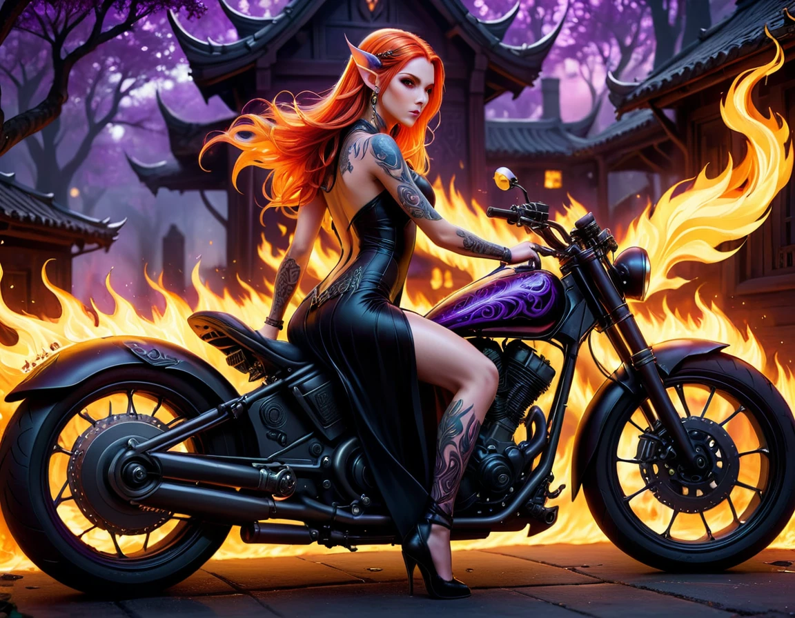 Arafed, Dark fantasy art, fantasy art, goth art, a picture of a of a tattooed female elf near her motorcycle (masterwork, best detailed, ultra detail: 1.5)  the tattoo is vivid, intricate detailed coming to life from the ink to real life, GlowingRunesAI_purple, ((fire surrounds the motorcycle: 1.5)), shot taken from the back, ((the back is visible: 1.3), (small pointed ears: 1.1), she wears a transparent black dress, the dress is elegant, flowing, elven style, that the tattoos glow, dynamic hair color, dynamic hair style, high details, best quality, 16k, [ultra detailed], masterpiece, best quality, (extremely detailed), dynamic angle, full body shot, faize,, Digital Painting