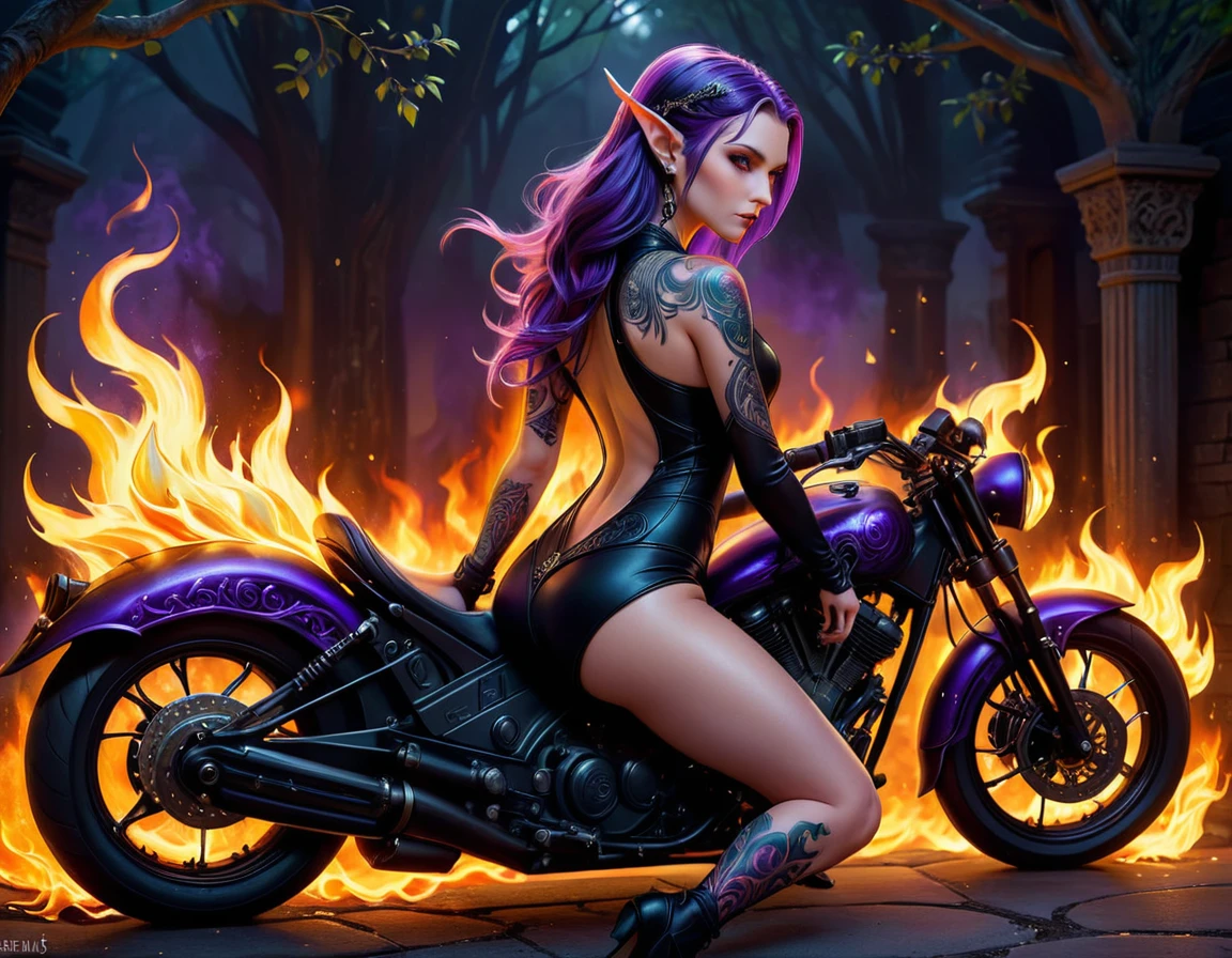 Arafed, Dark fantasy art, fantasy art, goth art, a picture of a of a tattooed female elf near her motorcycle (masterwork, best detailed, ultra detail: 1.5)  the tattoo is vivid, intricate detailed coming to life from the ink to real life, GlowingRunesAI_purple, ((fire surrounds the motorcycle: 1.5)), shot taken from the back, ((the back is visible: 1.3), (small pointed ears: 1.1), she wears a transparent black dress, the dress is elegant, flowing, elven style, that the tattoos glow, dynamic hair color, dynamic hair style, high details, best quality, 16k, [ultra detailed], masterpiece, best quality, (extremely detailed), dynamic angle, full body shot, faize,, Digital Painting