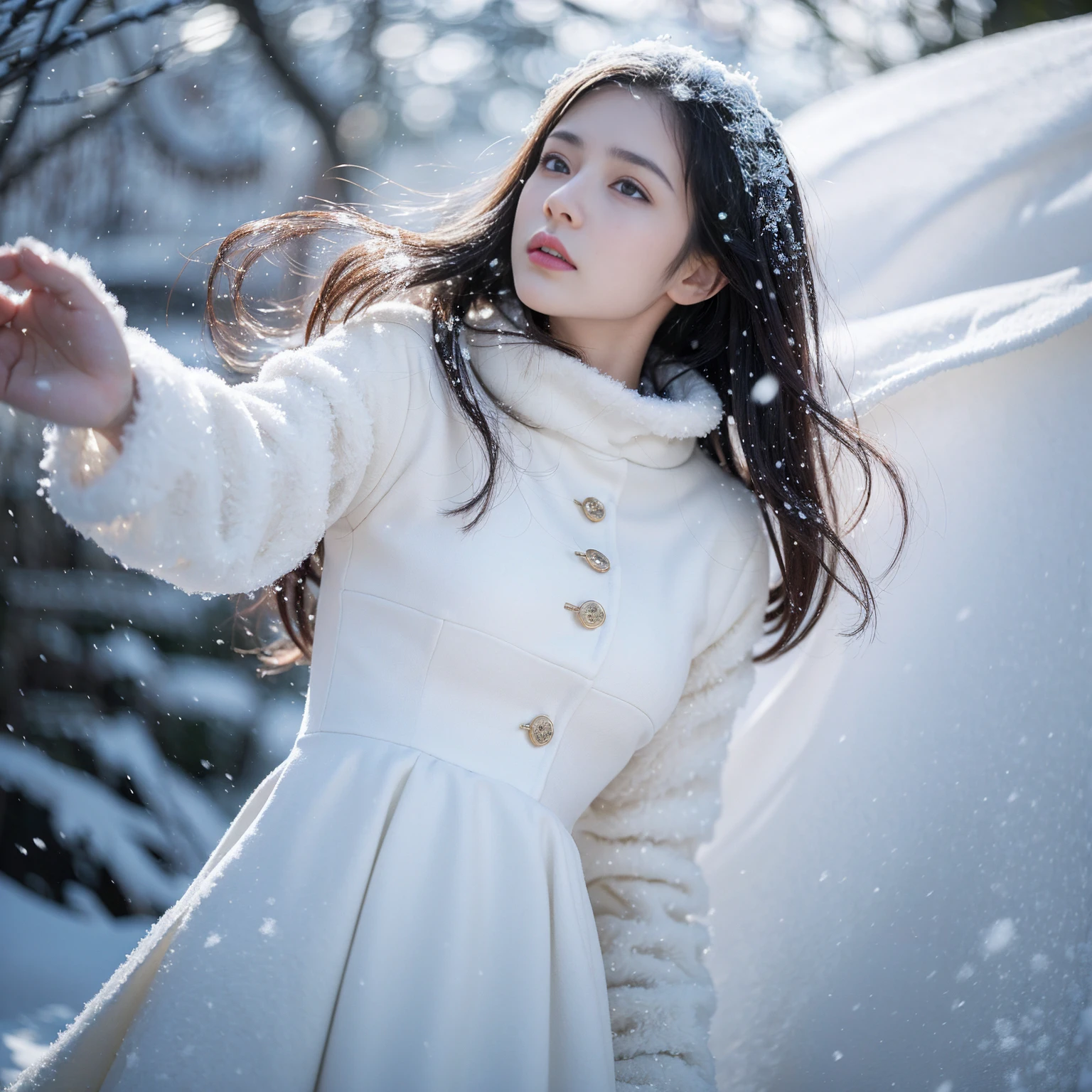 (8K, best quality, master, ultra-high resolution:1.2), (photo realistic, photorealistic, cinematic:1.37), beautiful japanese woman, (paul rubens and rebecca gay:1.1), (melancholy winter snow:1.4), (lolita costume dress dress), long hair blowing in the wind, detailed facial features, delicate porcelain skin, wistful expression, snow falling around her, natural lighting, soft colors, cinematic composition