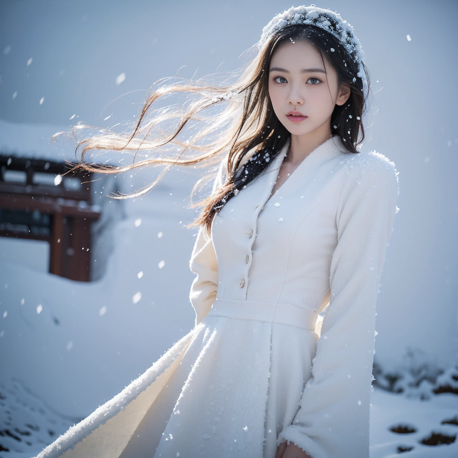(8K, best quality, master, ultra-high resolution:1.2), (photo realistic, photorealistic, cinematic:1.37), beautiful japanese woman, (paul rubens and rebecca gay:1.1), (melancholy winter snow:1.4), (lolita costume dress dress), long hair blowing in the wind, detailed facial features, delicate porcelain skin, wistful expression, snow falling around her, natural lighting, soft colors, cinematic composition