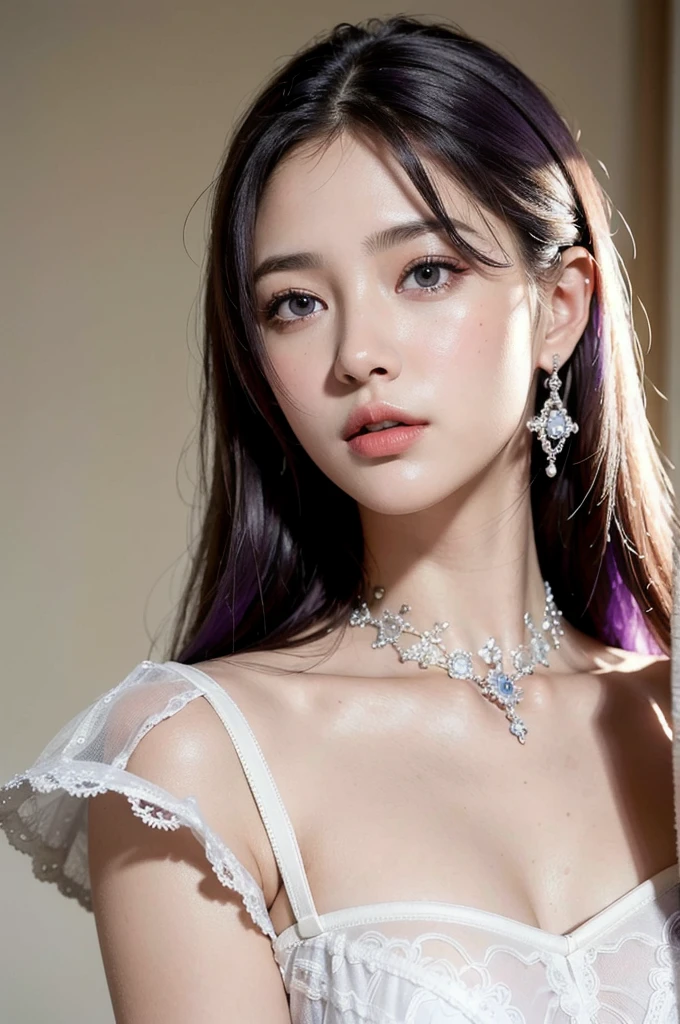 best quality,masterpiece,extremely detailed,high res,4k,ultra high res,detailed shadow,ultra realistic,realistic,dramatic lighting,1girl,solo,detailed face,realistic eyes,realistic skin,white dress,purple hair,dynamic pose, white lace dress