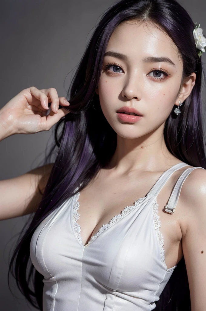 best quality,masterpiece,extremely detailed,high res,4k,ultra high res,detailed shadow,ultra realistic,realistic,dramatic lighting,1girl,solo,detailed face,realistic eyes,realistic skin,white dress,purple hair,dynamic pose, white lace dress