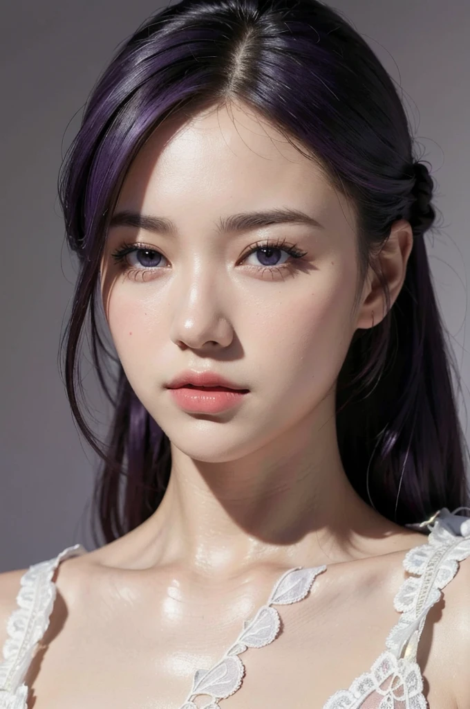best quality,masterpiece,extremely detailed,high res,4k,ultra high res,detailed shadow,ultra realistic,realistic,dramatic lighting,1girl,solo,detailed face,realistic eyes,realistic skin,white dress,purple hair,dynamic pose, white lace dress