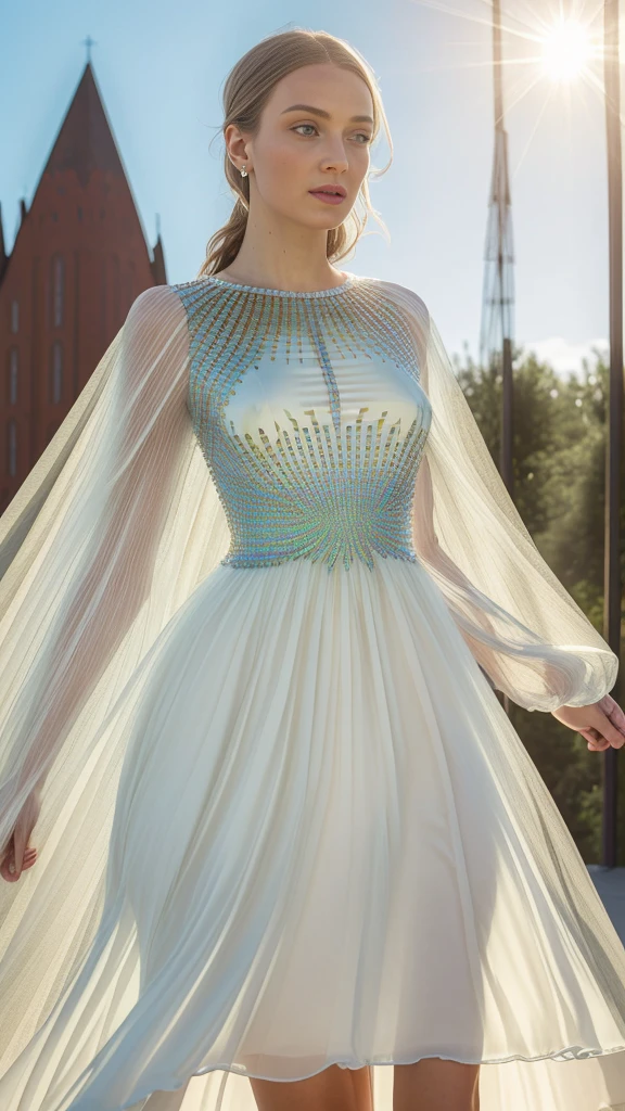 a beautiful woman in a glass dress, intricate glass dress, iridescent glass dress, translucent glass dress, glass dress flowing in the wind, sunlight shining through glass dress, highly detailed glass dress, delicate glass dress, glass dress with shimmering reflections, glass dress with ethereal quality, glass dress with mesmerizing patterns, glass dress with elegant silhouette, glass dress with graceful movement, glass dress with captivating transparency, (best quality,4k,8k,highres,masterpiece:1.2),ultra-detailed,(realistic,photorealistic,photo-realistic:1.37),cinematic lighting, dramatic lighting, fantasy, ethereal, magical