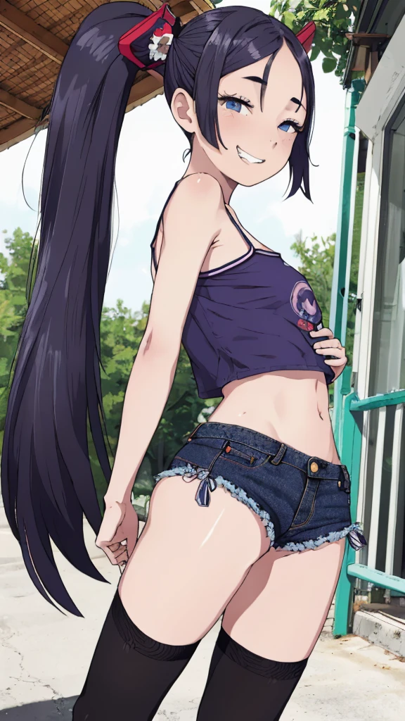 best quality, masterpiece, detailed,2d,flat color, 1girl,14yo,petit,grin,camisole,denim shorts,thighhighs,outdoor,small breasts,twintail,ass,from back