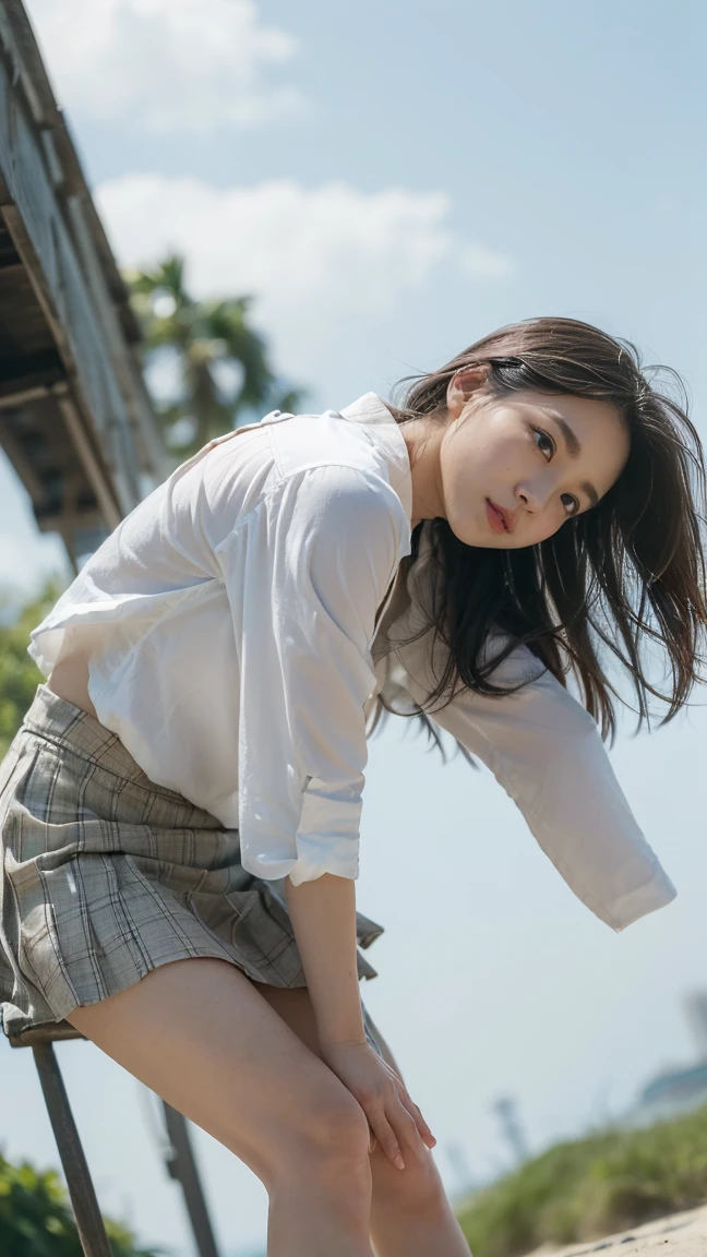 (((Low angle shooting、Looking into the camera:1.22,Leaning forward、Open shirt、No underwear)))、(((8K、Highest quality、masterpiece、Ultra-high resolution)))、(Realistic:1.4)、RAW Photos、(Real skin texture:1.3)、(Film Grain:1.3)、((Are standing、Skirt flutters in strong winds、Under the skirt、Do not bend your legs、Don'Don'don't bend your knees、Spread your thighs、Beachside、))、One Girl、Beautiful and detailed eyes and face、masterpiece、Highest quality、close、thin、Japanese Uniform、dynamic、barefoot、Mr..々Pause、
