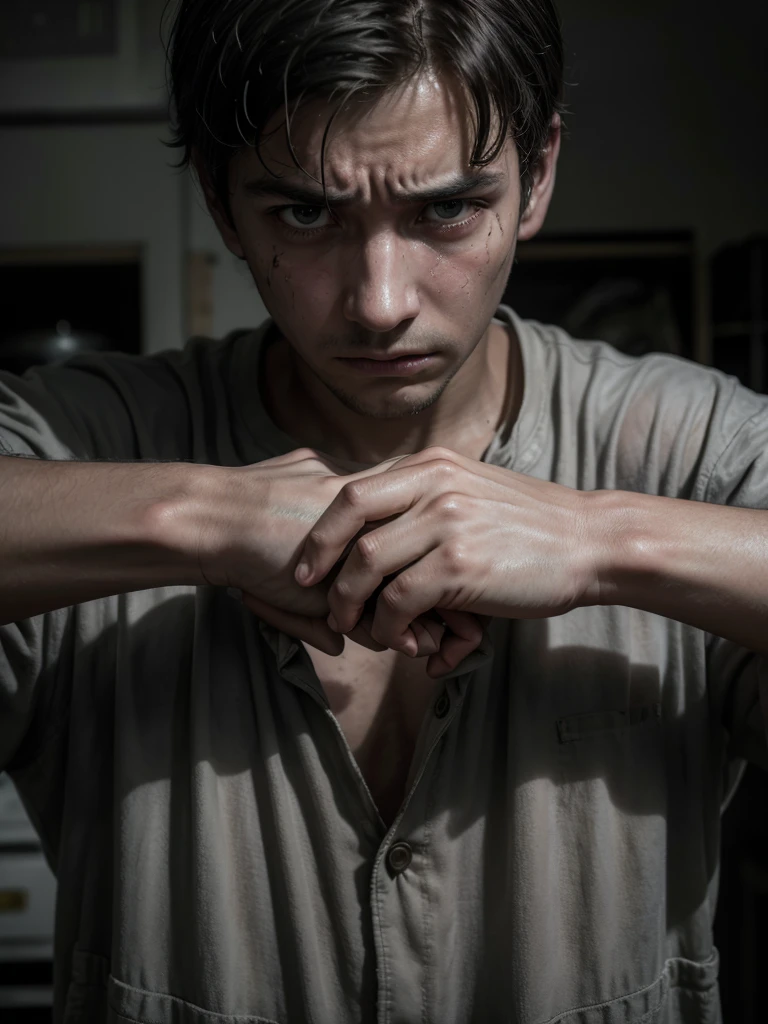 A poignant, realistic photograph of a factory worker, portraying a strong sense of despair. The man, wearing dirty and worn working clothes, has his hands around his neck as if he were about to jump. His gaze is intense and filled with sadness. The backdrop is a dark, grayish hue, which accentuates the somber mood and feelings of hardship and struggle., photo