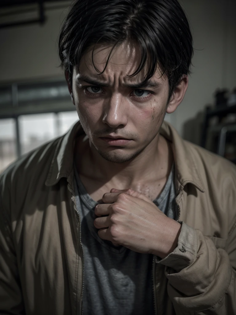 A poignant, realistic photograph of a factory worker, portraying a strong sense of despair. The man, wearing dirty and worn working clothes, has his hands around his neck as if he were about to jump. His gaze is intense and filled with sadness. The backdrop is a dark, grayish hue, which accentuates the somber mood and feelings of hardship and struggle., photo