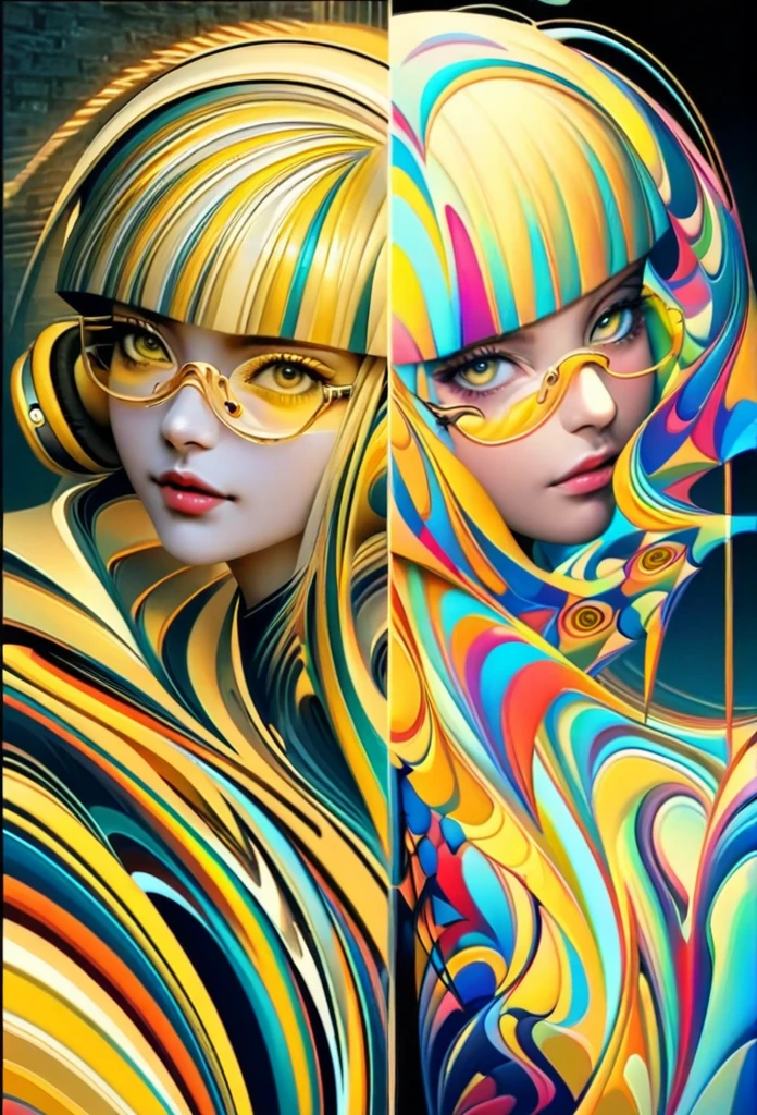 (((yellow glasses:1.3))), headphone, short hair, blunt bangs,Please turn the provided image into a painting keeping the same agape face features and realistic likeness and with the following characteristics: Art Style: Flowing Picasso style. Colors: Vibrant and dynamic, using bold and contrasting colors like the photo Details: Emphasize abstract shapes and flowing lines to capture the essence of her features. Mood: Artistic and expressive, with a surreal and imaginative touch. Background: Complementary to the Picasso style, potentially with abstract elements or patterns. Note: The final image should creatively reinterpret her likeness in a way that feels both unique and artistic, reminiscent of Picasso's distinctive and abstract painting style. Mohawk and steampunk clothing by worlds best photographer, punk rock, extremely realistic, muted colours, soft lighting, 8k, hi-res,